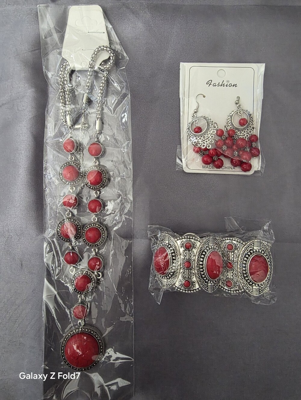 Concho Red and Silvertone Complete set Earrings Statement necklace and Bracelet